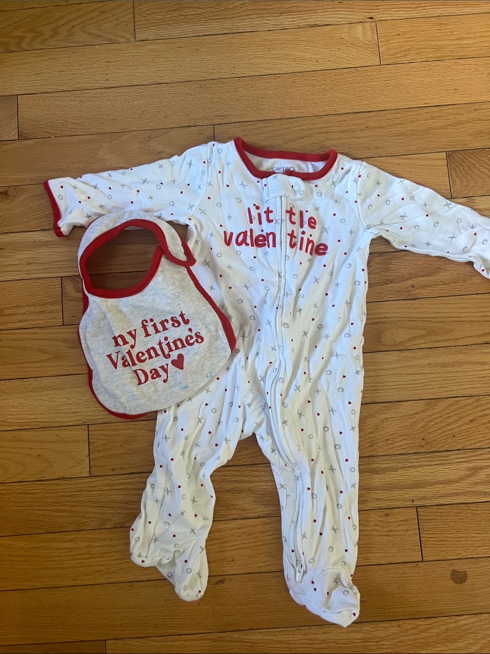 Carter's White & Red Valentine Footed One-Piece with Bib